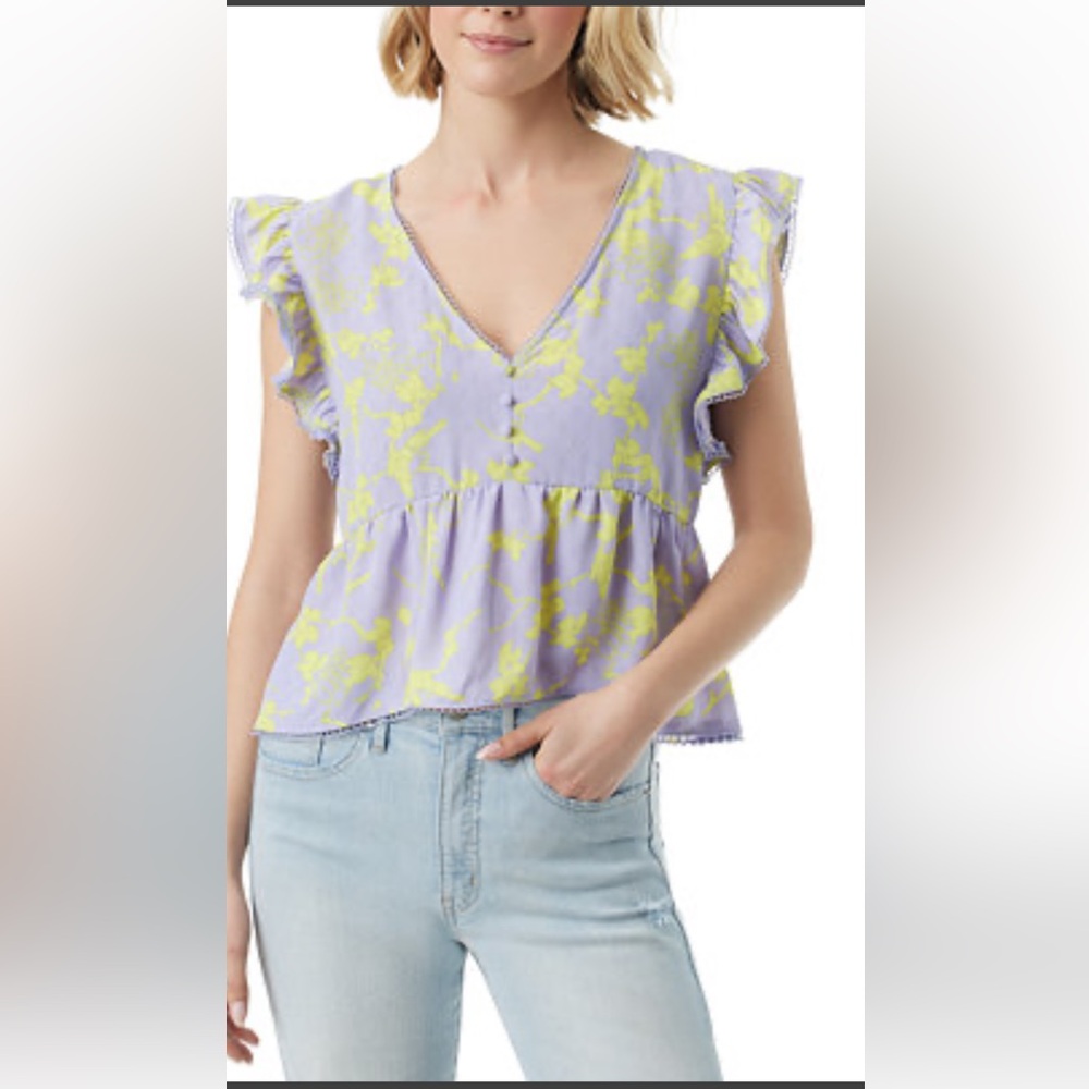 Romantic Jessica Simpson Lavender/Yellow Ruffle Blouse, Tie Back, Cottagecore